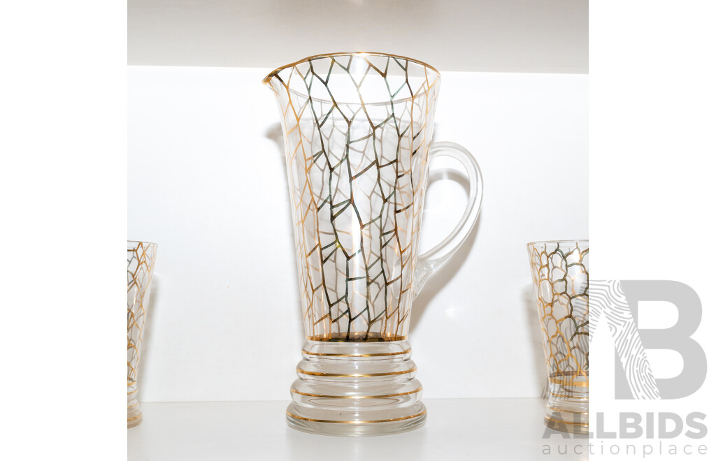 Vintage Art Deco Lemonade Pitcher with Set Six Matching Tumblers with Hand Painted Decoration
