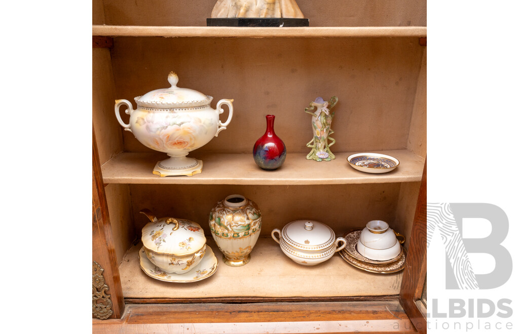 Collection Vintage Porcelain Including Royal Doulton Flambe Vase, Royal Doulton Lidded Turreen, Underplate & Ladle, Minton Lidded Twin Handled Dish and More
