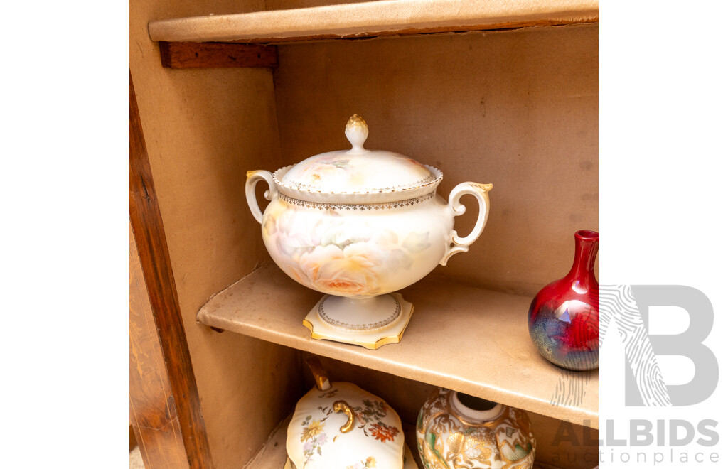 Collection Vintage Porcelain Including Royal Doulton Flambe Vase, Royal Doulton Lidded Turreen, Underplate & Ladle, Minton Lidded Twin Handled Dish and More