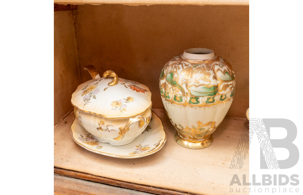 Collection Vintage Porcelain Including Royal Doulton Flambe Vase, Royal Doulton Lidded Turreen, Underplate & Ladle, Minton Lidded Twin Handled Dish and More