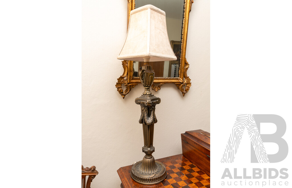 Vintage Table Lamp with Garland Draped Columnar Form with Urn & Twin Rams Heads Mask, Square Shade