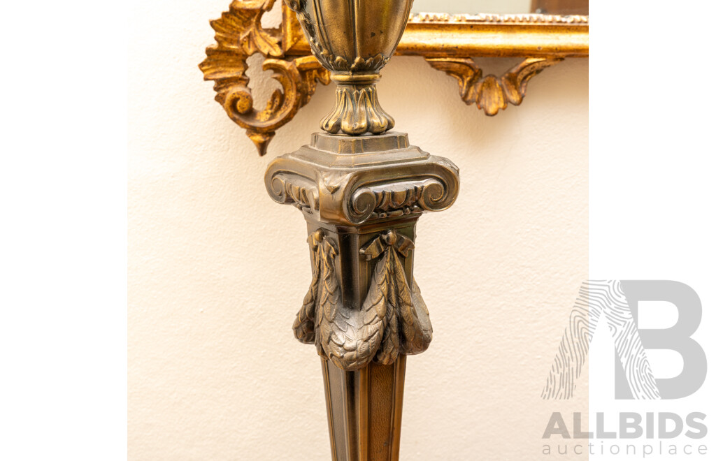 Vintage Table Lamp with Garland Draped Columnar Form with Urn & Twin Rams Heads Mask, Square Shade