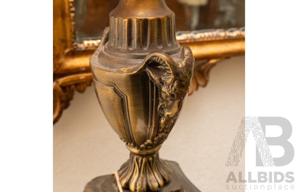 Vintage Table Lamp with Garland Draped Columnar Form with Urn & Twin Rams Heads Mask, Square Shade