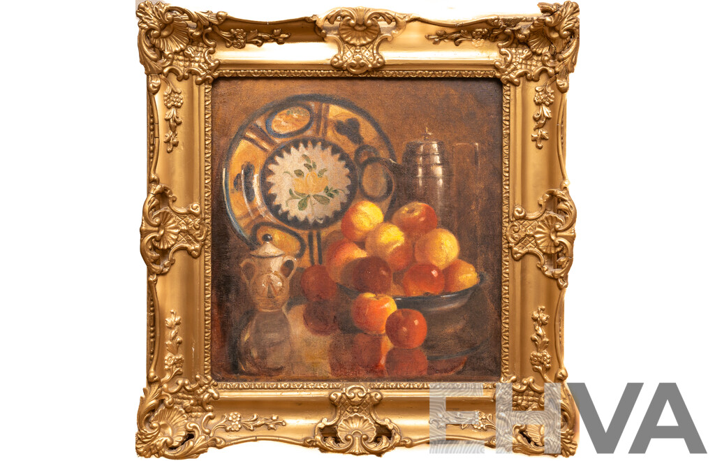 Artist Unknown (Early 20th Century), Plate with Jug, Pot and Apples , Original Antique Oil on Canvas Cloth, 68 x 66 cm (frame)