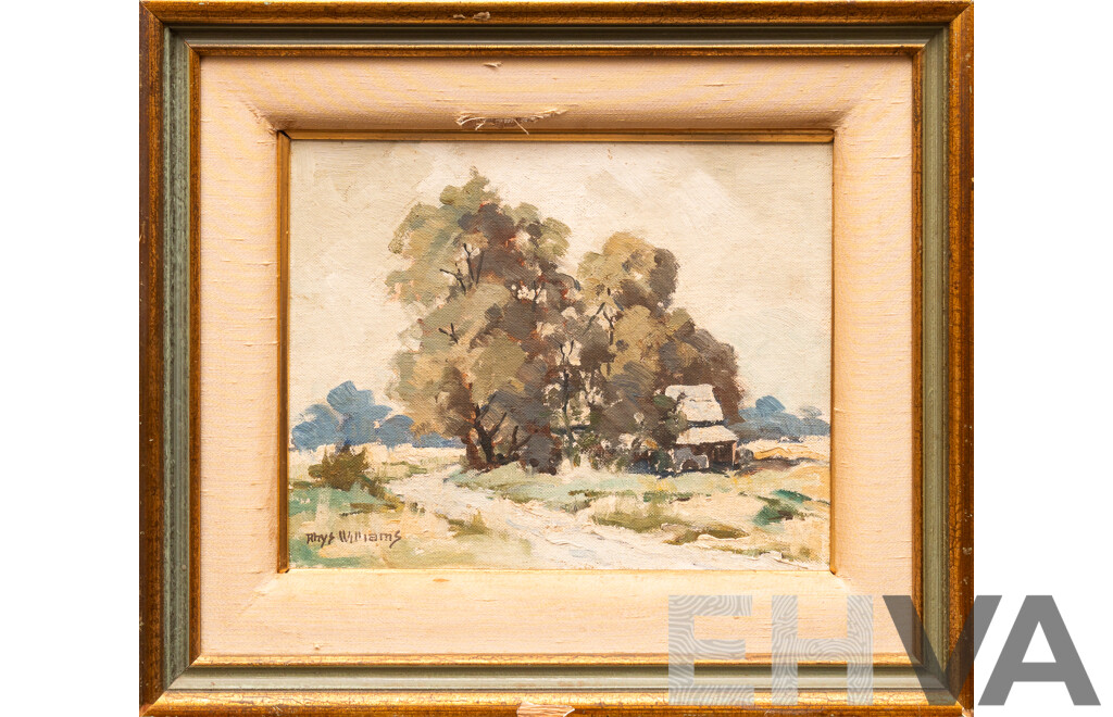 Rhys Williams, (20th Century, Australian,1894-1976), House Hidden by Trees, Lovely Original Vintage Oil on Canvas Board, 32 x 37 cm (frame)