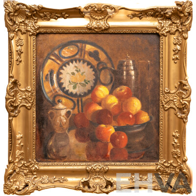 Artist Unknown (Early 20th Century), Plate with Jug, Pot and Apples , Original Antique Oil on Canvas Cloth, 68 x 66 cm (frame)
