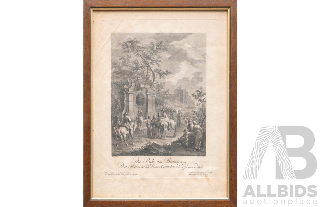 Christian Gottlieb Geyser (1742-1803, German), Dir Ruhe Am Brunnen [Rest at the Fountain], Antique Steel Engraving Print, 43 x 32 cm (frame)