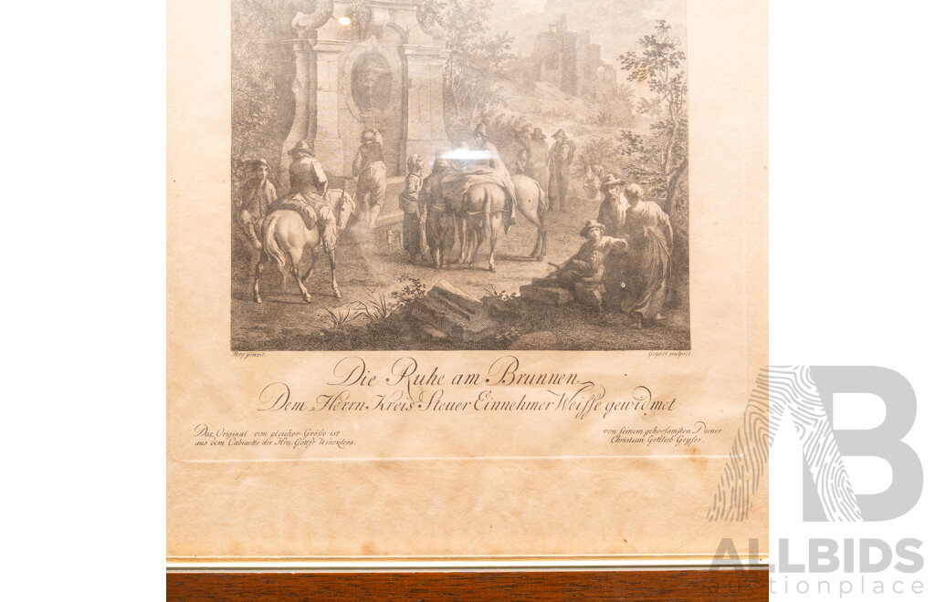 Christian Gottlieb Geyser (1742-1803, German), Dir Ruhe Am Brunnen [Rest at the Fountain], Antique Steel Engraving Print, 43 x 32 cm (frame)