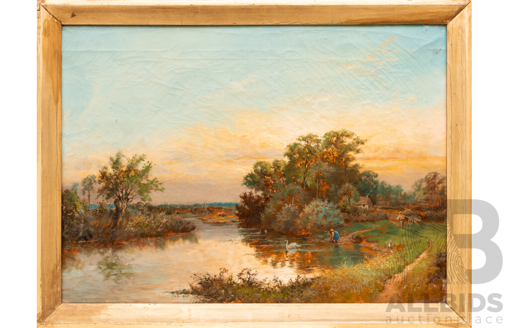 A. Beaumont (19th Century), Working Down by the Water, Lovely Antique Oil on Canvas Cloth, 46 x 61 cm (frame)