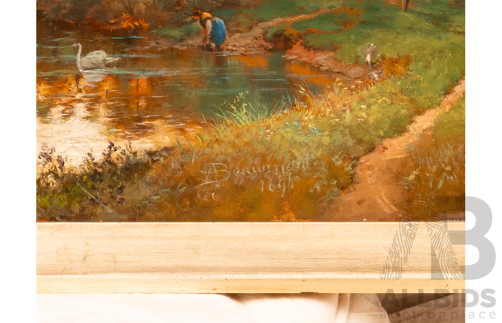 A. Beaumont (19th Century), Working Down by the Water, Lovely Antique Oil on Canvas Cloth, 46 x 61 cm (frame)
