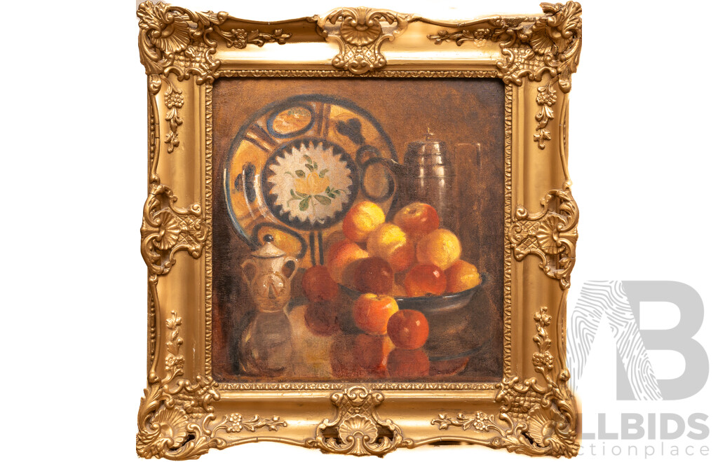 Artist Unknown (Early 20th Century), Plate with Jug, Pot and Apples , Original Antique Oil on Canvas Cloth, 68 x 66 cm (frame)