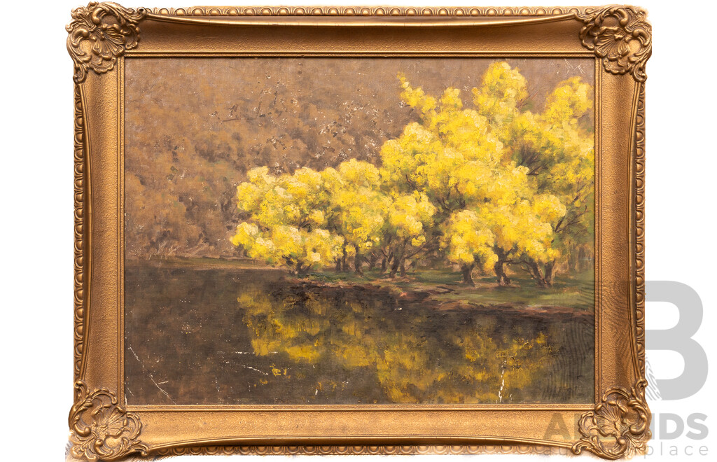 A. Leslie Sutton, (20th Century, Australian, Working c1920-30s), Golden Reflections, Original Antique Oil on Canvas Board, 52 x 36 cm (frame)