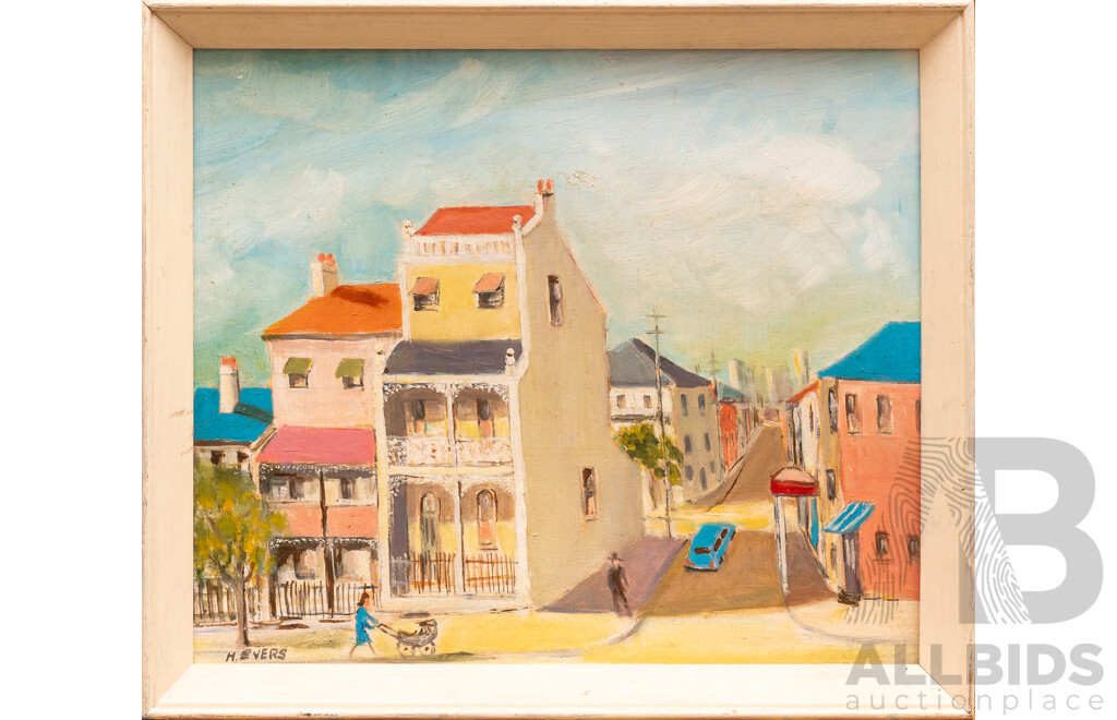 H. Evers, (20th Century, Australian), Paddington Street Scene, Original Vintage Oil on Board, 34 x 39 cm (frame)
