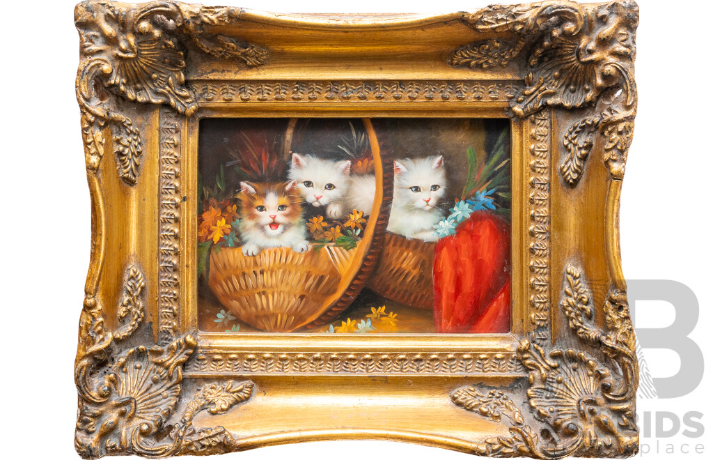 Artist Unknown, (Late 19th/Early 20th Century), Trio of Kitties with Flowers in Baskets, Original Miniature Antique Oil on Board, 23 x 28 cm (frame)