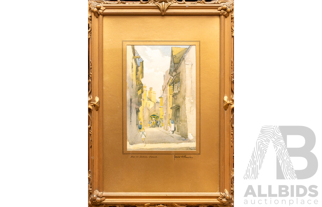 Collection of Four Vintage and Antique Prints and Originals, Near the Barbican, Plymouth, Lone Sailboat and More, 44 x 31 cm (largest frame) (4)