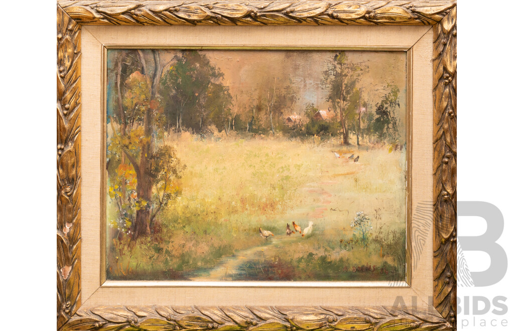 A. Doulis, (20th Century), Chickens Grazing, Nice Original Oil on Board, 45 x 55 cm (frame)