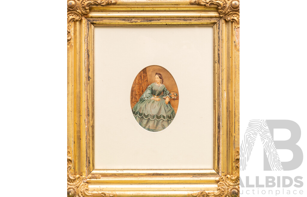 Artist Unknown, (19th Century), Portait of Regal Lady in Blue, Antique Hand Painted Miniature Oil, 40 x 36 cm (frame)