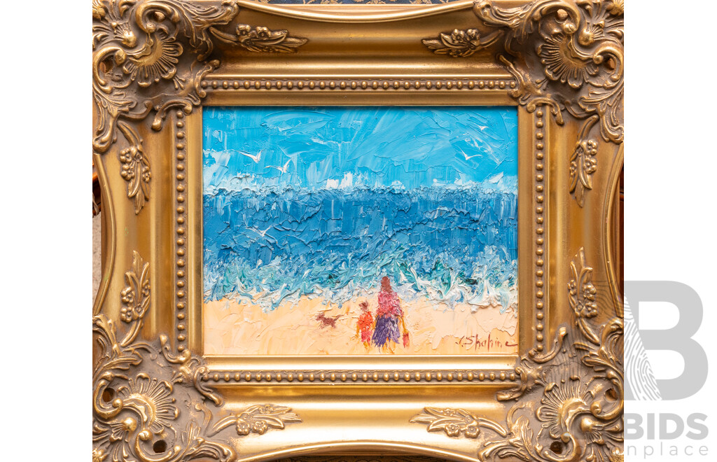 J. Shahine (20th Century, Australian), Ât the Beach, Lovely Original Acrylic on Board,  35 x 40 cm (frame)