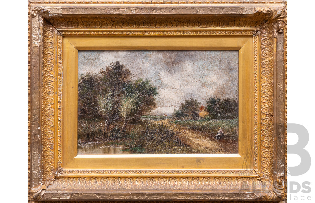 J. Thuon (?), (Late 19th Century), Villager by the Water, Lovely Antique Oil on Stretched Canvas Cloth, 37 x 47 cm (frame)