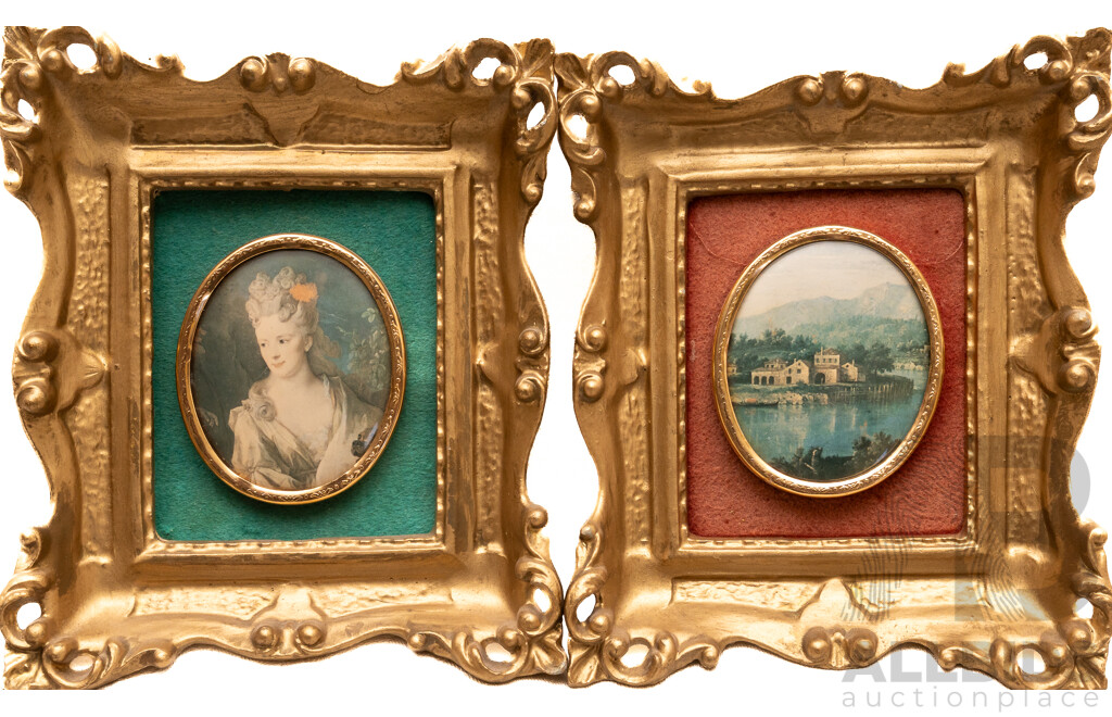 Artists Unknown (20th Century), Landscape by Water & Regal Lady Portrait, Pair of Vintage Miniature Prints in Ornate Frames with Fabric Mat Board Surrounds, 15 x 13 cm (frames) (2)