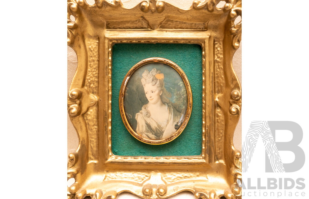 Artists Unknown (20th Century), Landscape by Water & Regal Lady Portrait, Pair of Vintage Miniature Prints in Ornate Frames with Fabric Mat Board Surrounds, 15 x 13 cm (frames) (2)