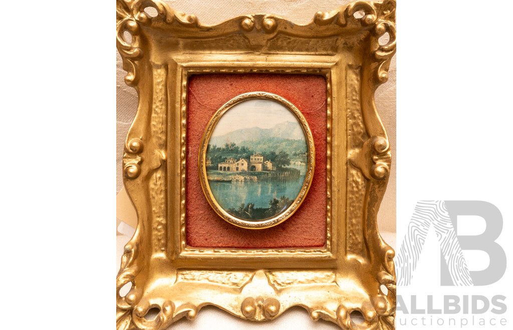 Artists Unknown (20th Century), Landscape by Water & Regal Lady Portrait, Pair of Vintage Miniature Prints in Ornate Frames with Fabric Mat Board Surrounds, 15 x 13 cm (frames) (2)