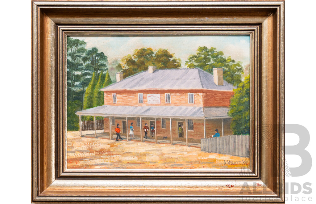 B.C.Spratt, (20th Century), Surveyor General Hotel, Berrima NSW (1974), Original Vintage Oil on Canvas Board, 32 x 34 cm (frame)