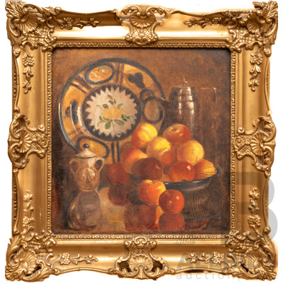 Artist Unknown (Early 20th Century), Plate with Jug, Pot and Apples , Original Antique Oil on Canvas Cloth, 68 x 66 cm (frame)