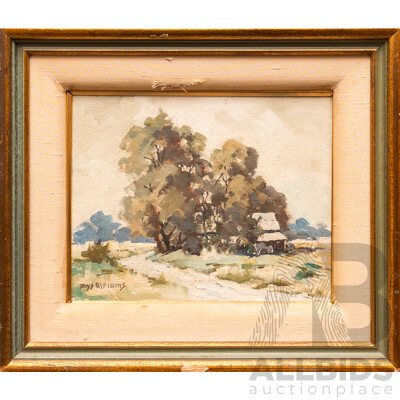 Rhys Williams, (20th Century, Australian,1894-1976), House Hidden by Trees, Lovely Original Vintage Oil on Canvas Board, 32 x 37 cm (frame)