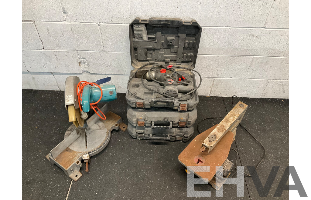 Assorted Power Tools, Including MAKITA 255mm Miter Saw, OZITO Hammer Drills and Scroll Saw - Lot of 5