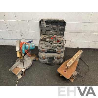 Assorted Power Tools, Including MAKITA 255mm Miter Saw, OZITO Hammer Drills and Scroll Saw - Lot of 5