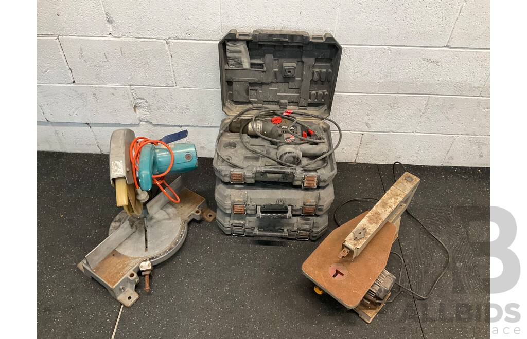 Assorted Power Tools, Including MAKITA 255mm Miter Saw, OZITO Hammer Drills and Scroll Saw - Lot of 5