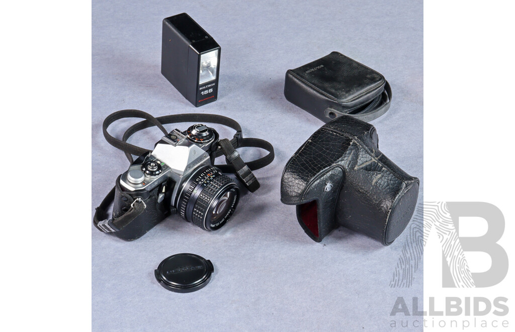 Vintage Pentax ME 35mm SLR Film Camera with SMC Pentax-M 50mm F/1.4 Lens and Soltron 155 Solid State Flash