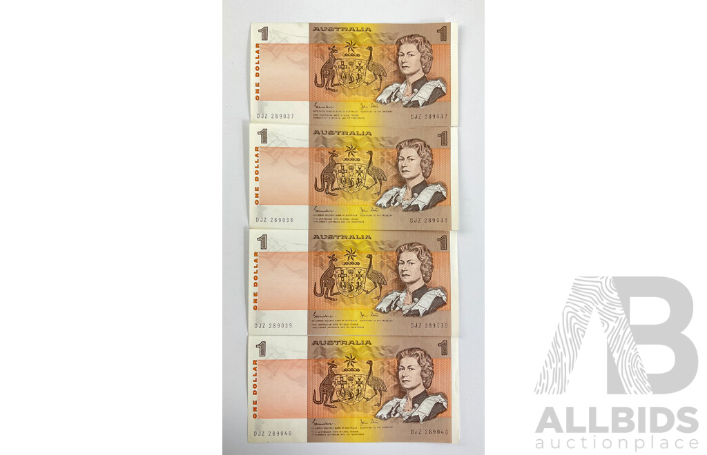 Four Australian 1982 One Dollar Notes, Johnston/Stone, Consecutive DJZ 289037 - DJZ 289040