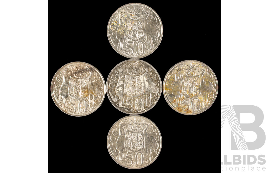 Five Australian 1966 Round Silver Fifty Cent Coins .800