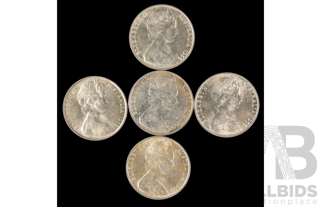 Five Australian 1966 Round Silver Fifty Cent Coins .800