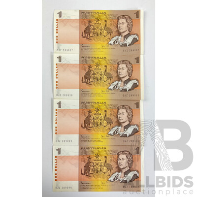 Four Australian 1982 One Dollar Notes, Johnston/Stone, Consecutive DJZ 289037 - DJZ 289040