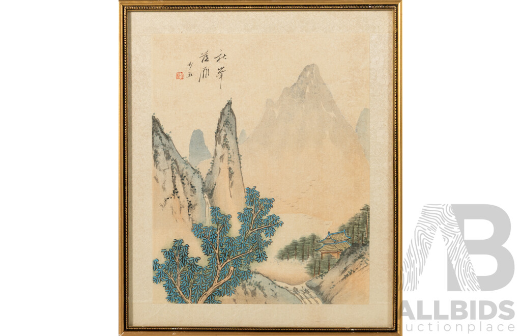 Artist Unknown (20th Century, Chinese School), Shanshui Landscape (Mountains & Stream), Wonderful Vintage Ink & Wash Watercolour on Silk Panel, 32 x 27 cm (frame)