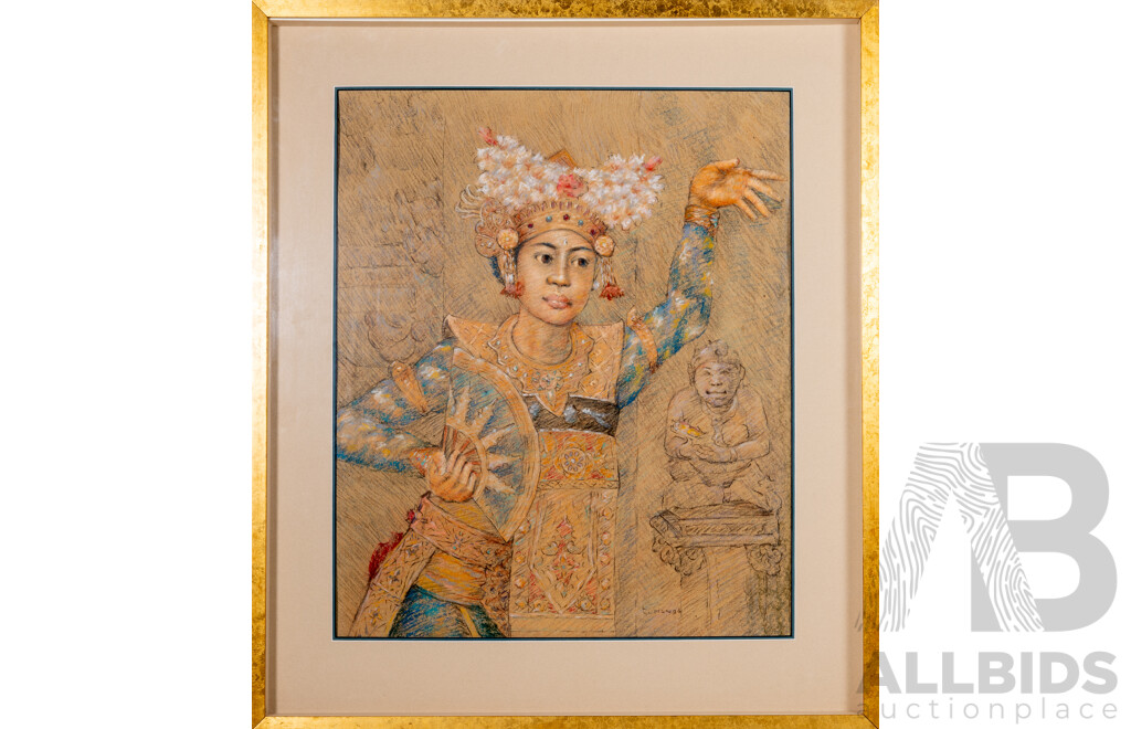 Tumen, (20th Century, Working c1990s), Balinese Dancer (1996), Original Crayon & Pencil Sketch on Paper, 75 x 64 cm (frame)