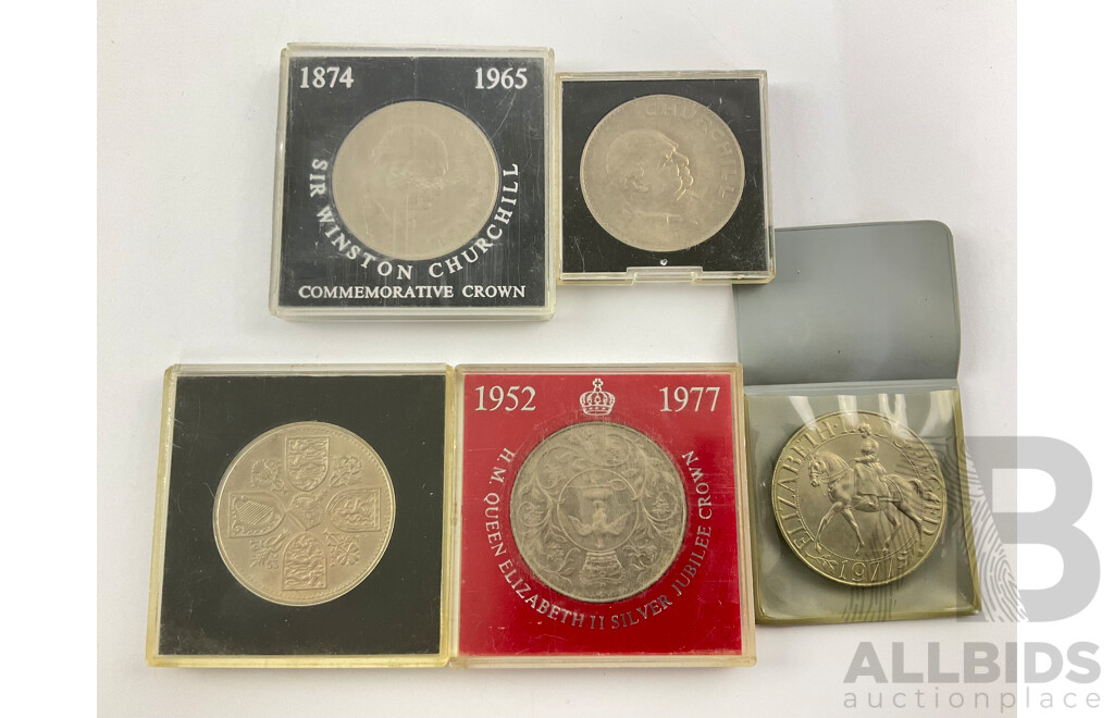 Five United Kingdom Commemorative Crowns Including Two 1965 Churchill, Three 1977 Jubilee