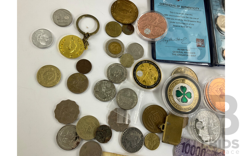 Fiji 1984 Coin Set, International Currency with Token/medallions Including Silver Stunner Good Luck, Freemason, Souvenir Dollars and More