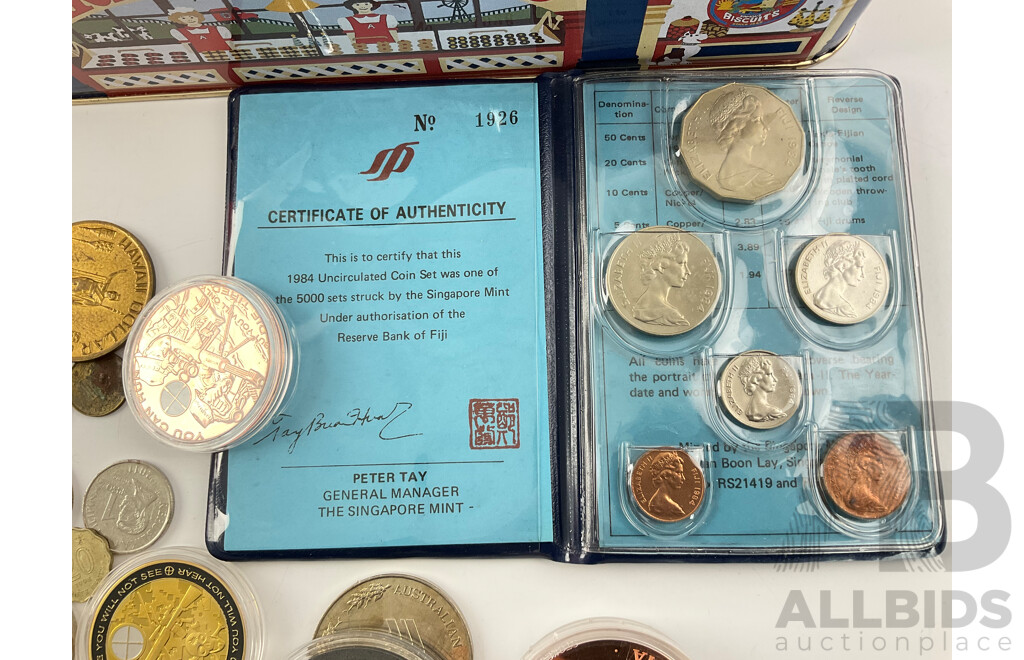 Fiji 1984 Coin Set, International Currency with Token/medallions Including Silver Stunner Good Luck, Freemason, Souvenir Dollars and More