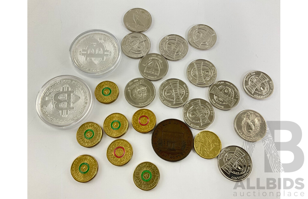 Collection of Australian Commemorative Two Dollars Including 2014 Remembrance, 2016 Olympics, Canada 1842 Bank Token, AFL Medallions, Two Bit Coins