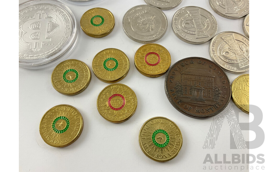 Collection of Australian Commemorative Two Dollars Including 2014 Remembrance, 2016 Olympics, Canada 1842 Bank Token, AFL Medallions, Two Bit Coins