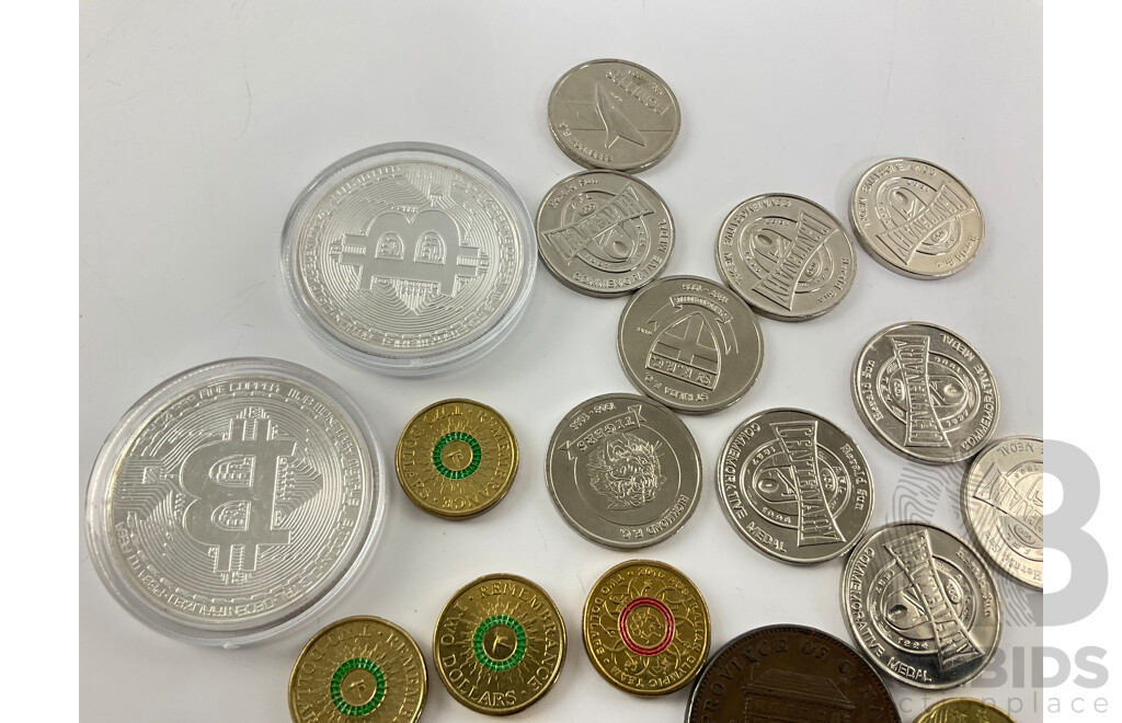 Collection of Australian Commemorative Two Dollars Including 2014 Remembrance, 2016 Olympics, Canada 1842 Bank Token, AFL Medallions, Two Bit Coins