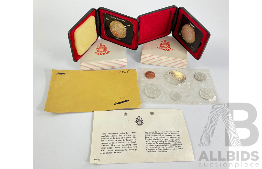 Three Canada Silver One Dollar Coins 1971 100th Anniversary of the Accession of British Columbia and 1972 and Canoe, 1966 UNC Set