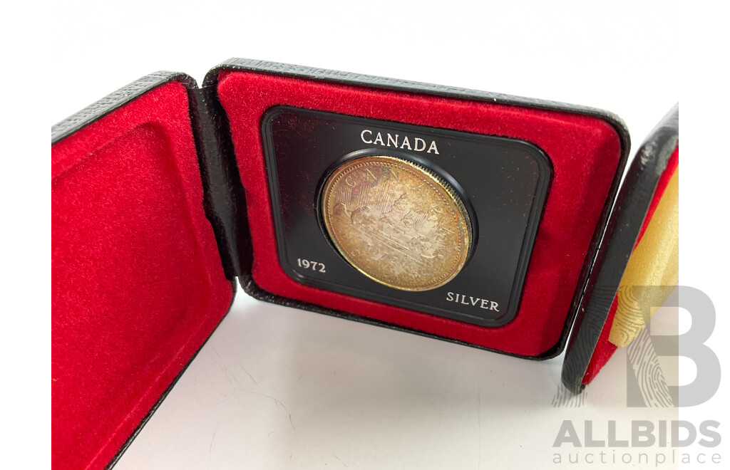 Three Canada Silver One Dollar Coins 1971 100th Anniversary of the Accession of British Columbia and 1972 and Canoe, 1966 UNC Set