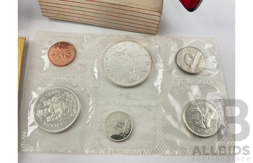 Three Canada Silver One Dollar Coins 1971 100th Anniversary of the Accession of British Columbia and 1972 and Canoe, 1966 UNC Set
