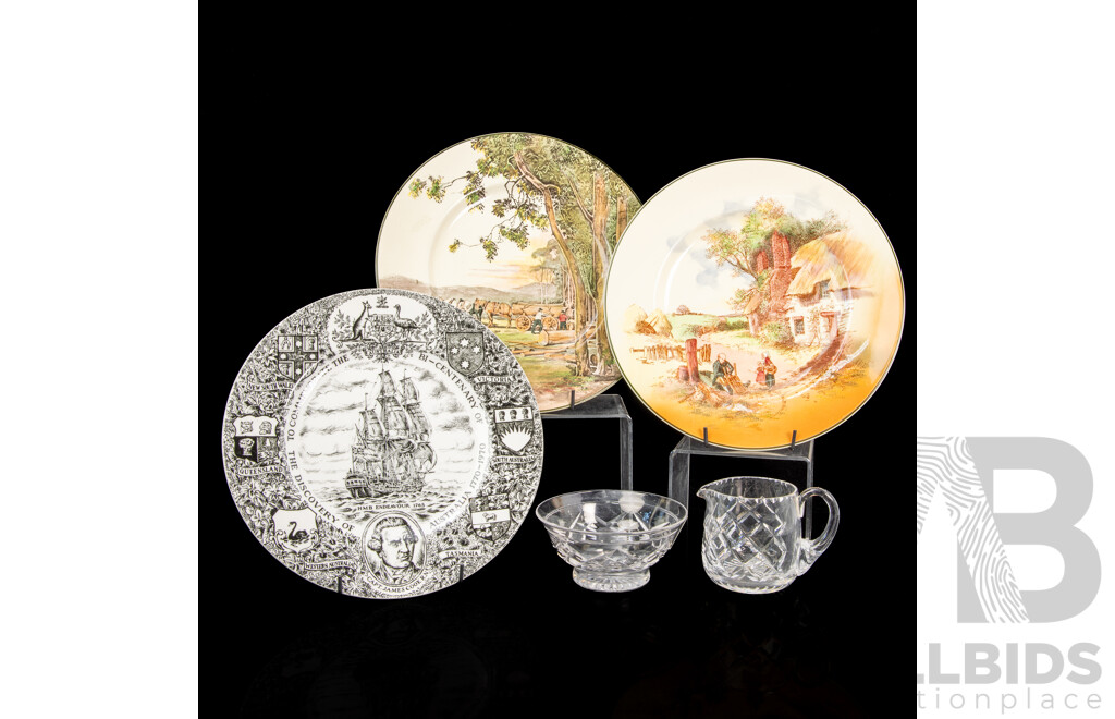 Two Royal Doulton Porcelain Cabinet Plates, Burslem Captain Cook Plate Along with Two Stuart Crystal Pieces