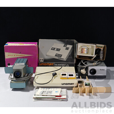 Collection Slide Equipment Including Rollei P 350 a Slide Projector, Unomat Slide Sorter in Box and More
